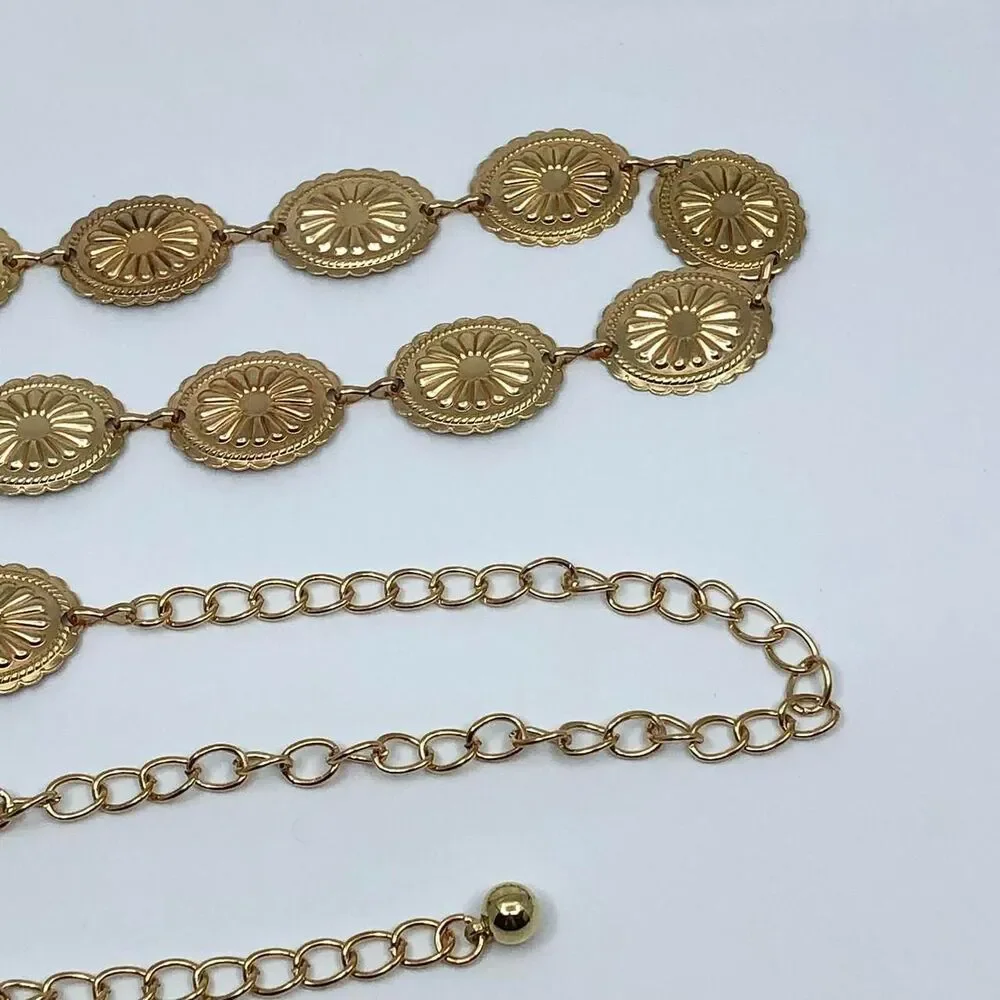 Vintage Y2K Boho Gold Medallion Chain Belt, Fits 23.5–43 Inches, X7GA1187